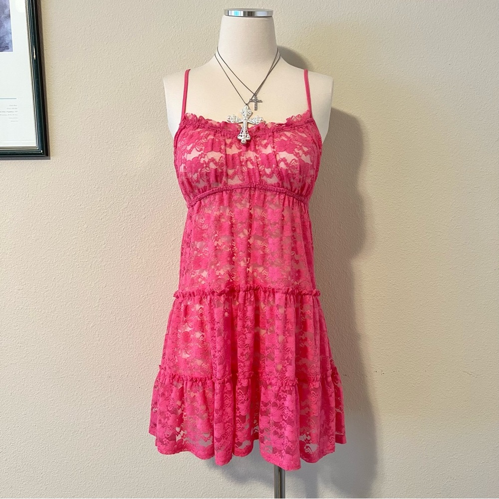 Vintage Pink Lace Tiered Mini Dress